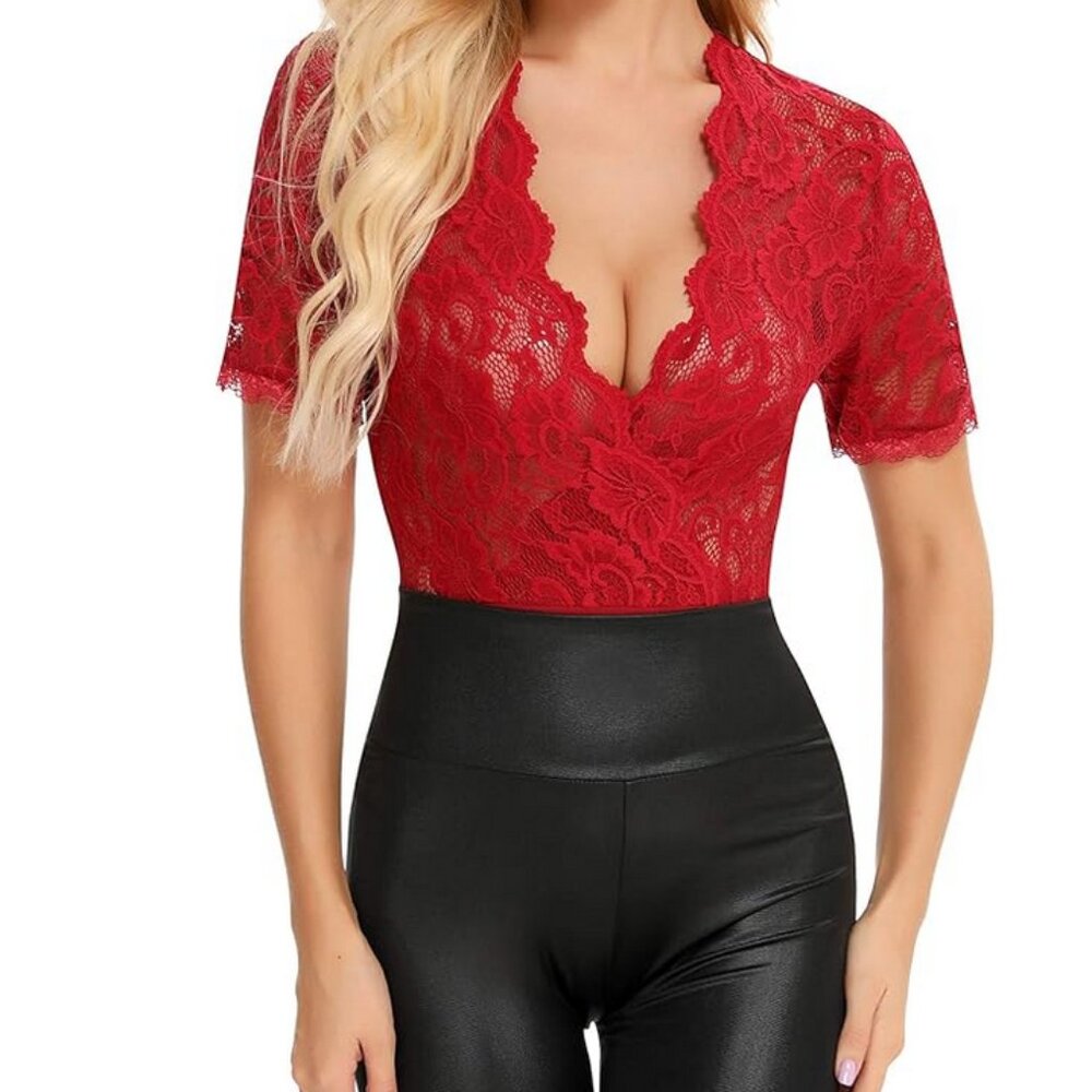 Gladiolus Women Lace Bodysuit Sexy Deep V Short Sleeve Snap Crotch